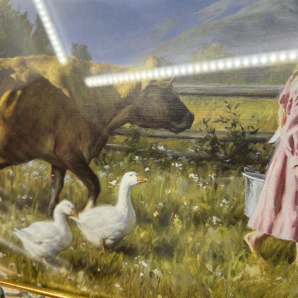Vintage 80s Cow Farm Prairie Artwork Pair Floral Gold Framed Cottagecore Prints - Picture 8 of 14